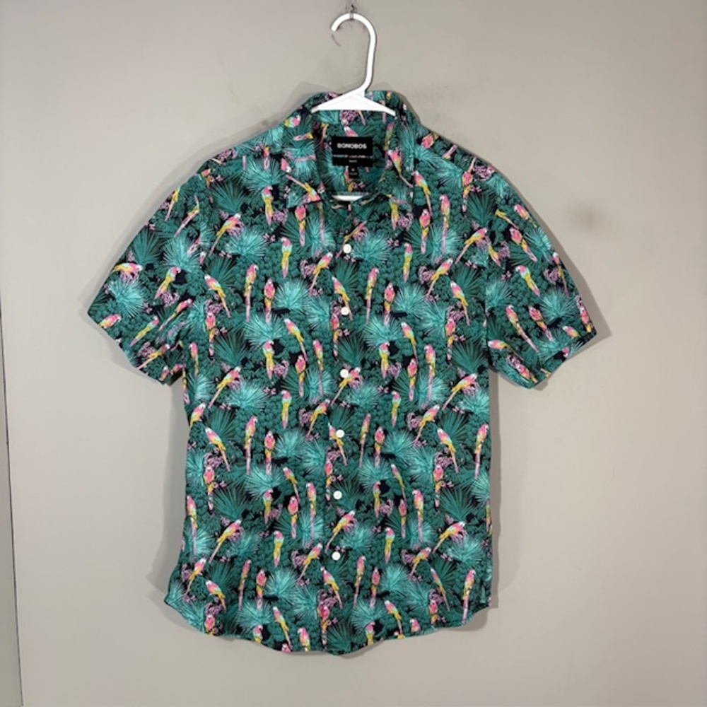 Bonobos Shirt Mens Medium Green Parrot Hawaiian Short Sleeve Button Up Slim Fit